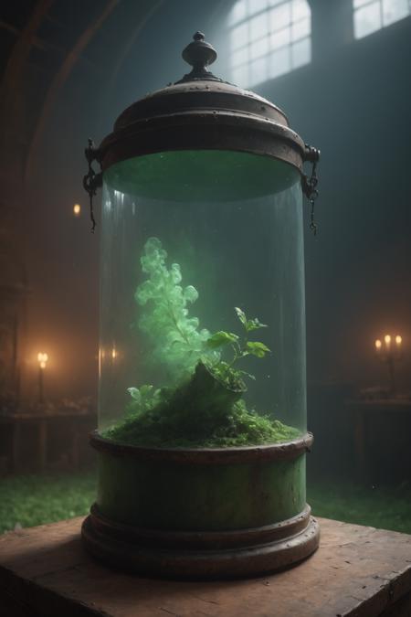 ultra realistic 8k cg, flawless, clean, masterpiece, professional artwork, famous artwork, cinematic lighting, cinematic bloom, (((photo raw)), background), a large clear  glass medieval  container with a farm inside, green  smoke  <lora:Contained_Color_SDXL:1>