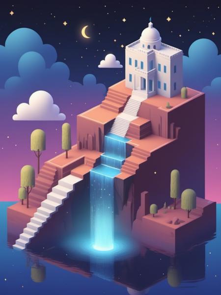 video game monument valley style, The White House,  stairs, water, cloud, trees, waterfall, gradient background, Night, starry sky, <lora:Monument Valley style:0.4>