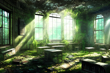 wallpaper, a ruined (mossy:0.8) classroom, anime art, volumetric fog, fantasy, fantastic style, beam of light from window, cracked blackboard, deserted, old