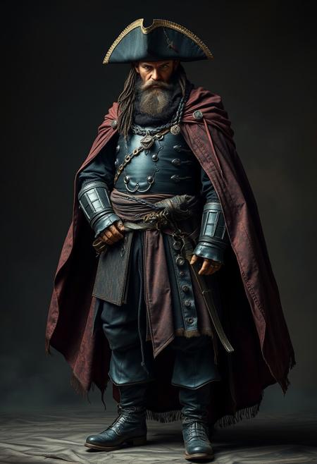 a pirate captain, full shot, handsome, heroic, epic, iron and leather armour, dark clothes, oriental damask ornaments, long cape, in the style of restrained palette, distressed materials, realistic color schemes, hieratic visionary, figura serpentinata, nicola samori, bold yet graceful , pirate boots