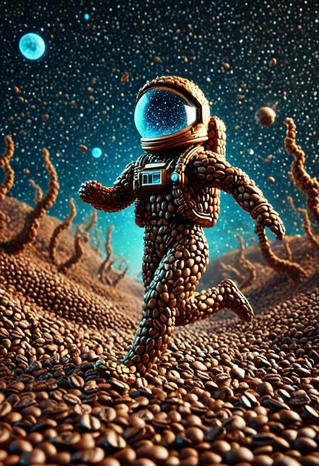 8k, Tilt shift photography style, RetroBG, glow of bioluminescent a lowpoly astronaut, mirror visor, running gracefully, ( Unmanned:1.2), in bioluminescent whimsical gold coffee beans planet, nebula background,