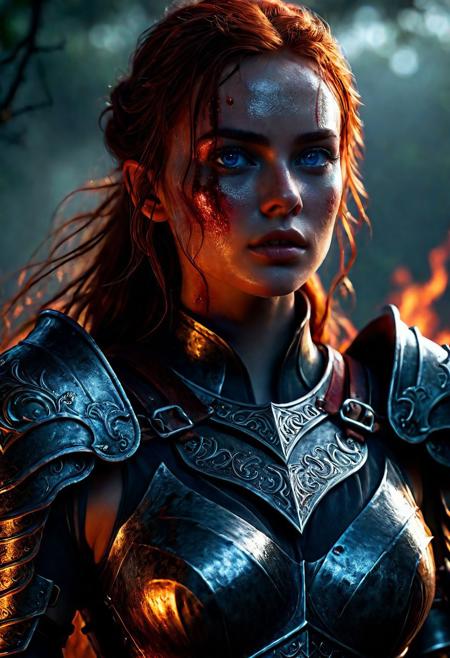 Ultra detailed digital art masterpiece Warrior girl dressed in a iron Armor, Standing on a battlefield at the head of an army of knights, where a bloody slaughter is taking place, standing in battle pose, a dark epic fantasy, perfect lighting, beautiful  Sadie Sink as Warrior girl, attractive woman, elegant, sinewy athletic body, unreal engine 5 nanite quality, mixed with dark elements, dark environment, very stormy night, clean dark velour witch clothing, LOTR style, dark washed out eyeliner, no make up, natural bloody face, realistic blue eyes, ultra detailed atmospheric details, beautiful glowing effects, sparkle effects, realistic body proportions, beautiful face proportions, complex masterpiece, wavy red hair, creative glowing detailed tattoos, complex physics, enhanced colors, complimentary colors, ultra detailed raytracing reflections, Ultra detailed complex background, environment feels alive, direct eye contact, dramatic lighting, wet and sweaty skin, beautiful firm Breasts, Concept art portrait by Greg Rutkowski, adding to the intense and dynamic atmosphere of the scene.