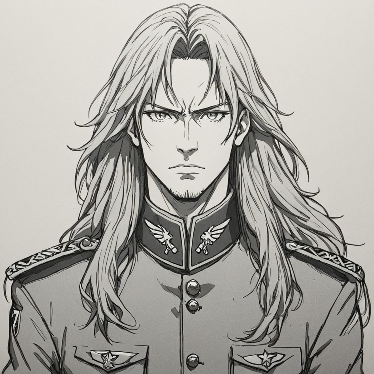 pixlineart, sketch portrait of anime man with long hair, wearing military outfit