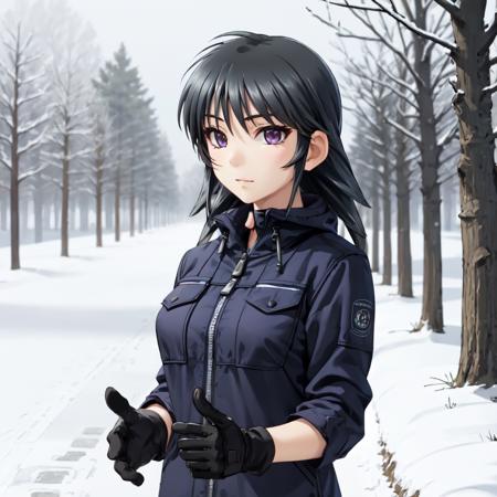 solo, Ayamine Kei, purple eyes, black hair, winter, gloves, jacket, snow