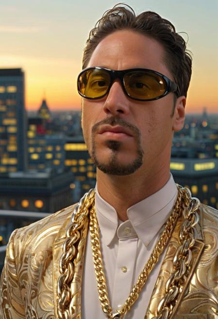 a picture of a man EPAliGXL wearing an an expensive two piece suit, sunglasses, jewellery, standing on a rooftop, london, upperbody portrait