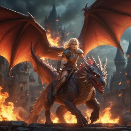 epic fantasy castel, beautiful realistic Dragon Rider warrior girl, flying in battle on a terrible dragon,  ultra-realistic Dragon, 8k, blonde hair,fire, Burning town, ultra realistic, cinematic style, perfect athletic body, hot, sexy, cute, Attractive girl, pretty face, dynamic lighting, defiant and seductive, cinematic colors Lighting