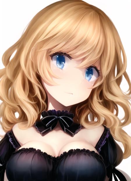 <lora:konekomari2-000035:1>, 1girl, large breasts, gothic, frills, blonde hair, blue eyes, simple background, lying on back on bed,