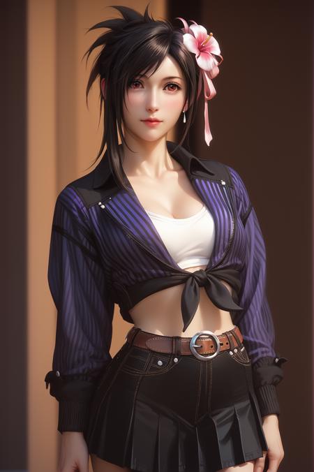 glamour(tifa),black shirt,striped shirt,cleavage,midriff, short shorts, hair flower,belt,white highleg panties,  1girl, short hair, hair flower, ponytail,tifa lockhart, 