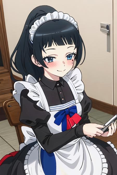 best quality, masterpiece, highres, solo, {maid:1.40}, {long maid dress:1.15}, {chiyo_4ninwasorezoreusootsuku:1.15}, black_hair, long_hair, blush, bangs, mole, mole_under_eye, blunt_bangs, smile, blue_eyes, serafuku, ponytail