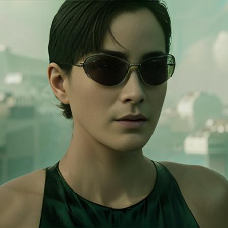 trinity00 wearing sunglasses , retrofuturism, cyberpunk, silky skin, full body height, skin texture, high detailed skin, ambient smoke, haze, photorealism, cinematic, grain of old film, 8k uhd, dslr, hdr, retro color   <lora:trinity00:1>