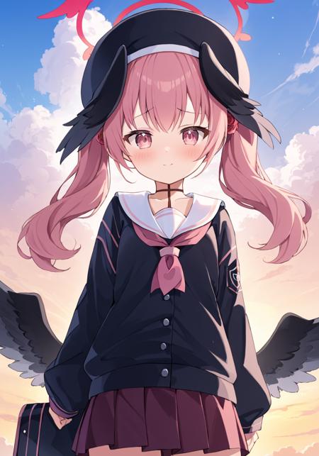 breathtaking, 
koharu \(blue archive\), koharu \(blue archive\), 1girl, solo, head wings, blush, halo, twintails, black wings, skirt, rifle, sleeves past wrists, looking at viewer, black headwear, beret, @ @, sailor collar, school uniform, feathered wings, neckerchief, long sleeves, winged hat, cloud
 . gorgeous,key visual, vibrant, studio anime,award-winning, professional, highly detailed,high budget, cinemascope <lora:ShimoeKoharu_v2:1>