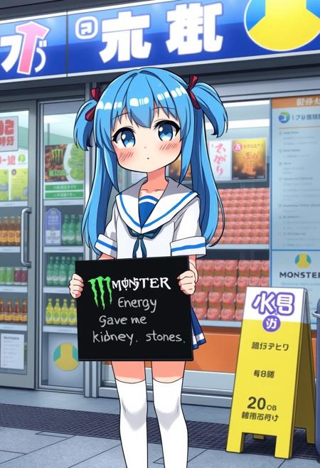 cute anime girl with blue pigtail hair, wearing a sailor uniform and thighs socks. She is blushing and shy. Standing in front of a convenience store in japan, holding a sign saying "Monster Energy gave me kidney stones"