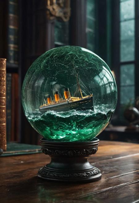 A  glass sphere sculpture, concealed inside the sphere is a large Titanic Ship in a Lightning storm, large dark green waves, in the dark, detailed image, 8k high quality detailed, the moon, shaped sphere, amazing wallpaper, highly detailed, 8k UHD detailed realistic image, beautiful art UHD, focus on full glass sphere, background old library ,  background Modifiers: extremely detailed Award winning photography, fantasy dark green studio lighting, photorealistic very attractive beautiful imperial colours ultra detailed 3D, (Very Intricate)