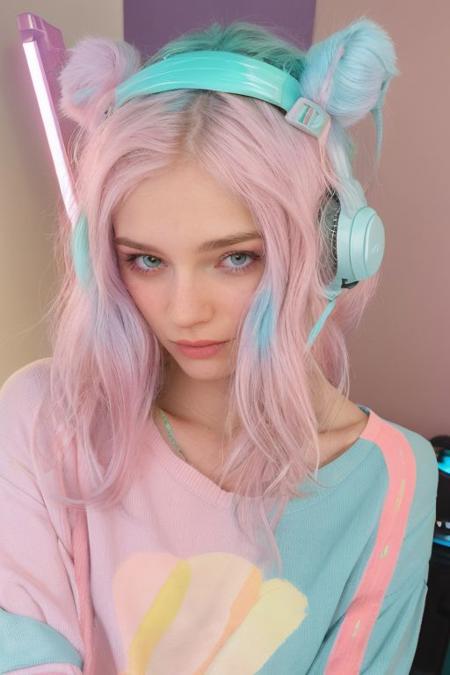 too cute to be true, 18 years old,  close-up, messy hair, colorful pastel hair, (nip slip:0.2), baggy clothes, armpit, gamer headset, streamer light