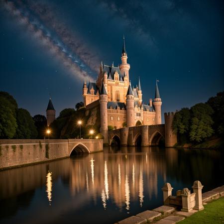 RAW photo, absurdres, high quality, photorealistic, a castle with a moat, starry sky, night, brick, stone, 8k uhd, dslr, film grain, Fujifilm XT3, 20 megapixel, detailed, sharp focus,