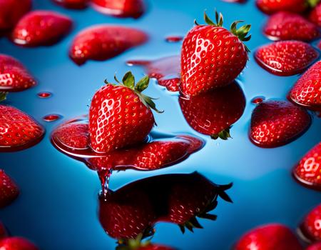 award winning studio photo strawberry splashing in water puddle, sharp focus, hd, hdr, 8k, reflection