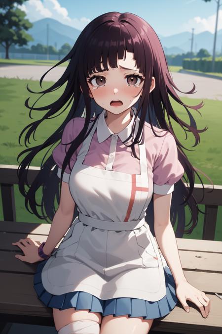 masterpiece, best quality, highres, large breasts, tmikan, purple hair, (brown eyes:1.2), long hair, messy hair, bandaged arm, bandaged leg, bandaid on knee, pink shirt, puffy short sleeves, white apron, pleated skirt, outdoors, looking at viewer, pov, tears, open mouth, full-face blush<lora:Mikan-16:1>