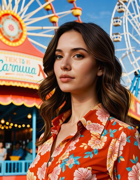 A photo-realistic shoot from a close-up camera angle about a woman wearing a straw hat and an orange floral shirt, standing in an amusement park setting. the image also shows a colorful carnival booth and a ferris wheel in the background. on the middle of the image, a 20-year-old woman with light skin and dark brown hair appears to be looking directly at the camera with a slight smile, her brown eyes are looking at the viewer, her lips are parted slightly. she has a slim body and is wearing a red floral shirt with a button-up front. her hair is styled in loose curls and her eye color is brown. she is standing in front of a carnival rides with colorful signs and a clear blue sky.