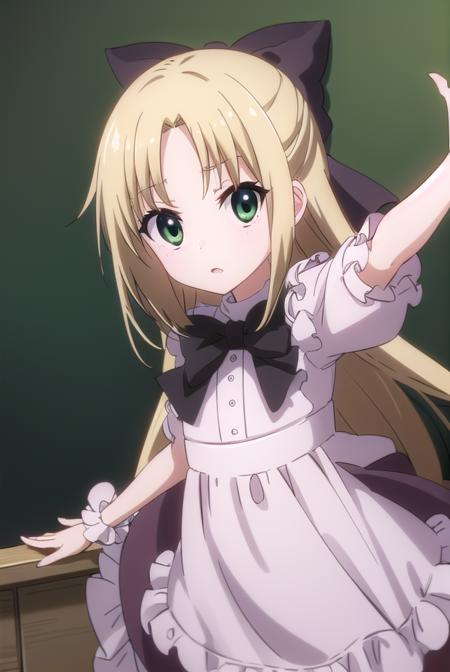 chizuruakaba, <lora:elise toudou s2-lora-nochekaiser:1>,
elise toudou, long hair, blonde hair, (parted bangs:1.5), (green eyes:1.3),
BREAK bow, hair bow, bowtie, dress, frills, puffy sleeves, purple dress, skirt,
BREAK indoors, classroom,
BREAK looking at viewer, (cowboy shot:1.5),
BREAK <lyco:GoodHands-beta2:1>, (masterpiece:1.2), best quality, high resolution, unity 8k wallpaper, (illustration:0.8), (beautiful detailed eyes:1.6), extremely detailed face, perfect lighting, extremely detailed CG, (perfect hands, perfect anatomy),