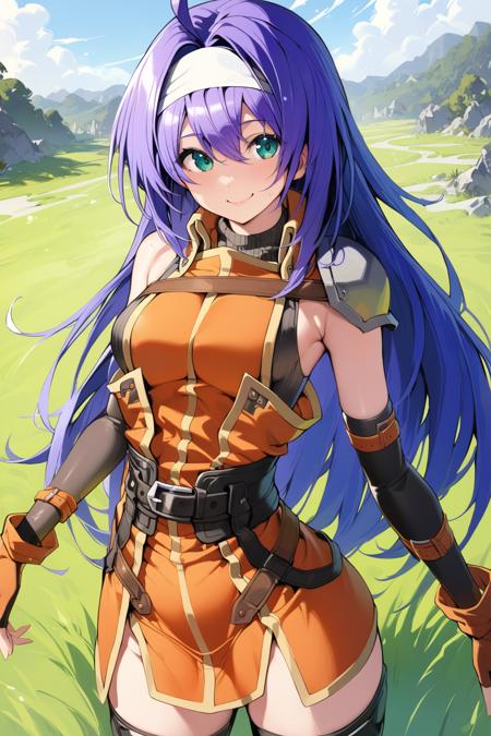 1girls,<lora:mia fehXL:1>,mia feh,long hair,ahoge,purple hair,green eyes,white hairband,shoulder armor,orange dress,sleeveless turtleneck, belt,fingerless gloves,thighhighs,cowboy shot,standing,smile,grass,(blue sky:1.2),ultra-detailed, best quality,masterpiece