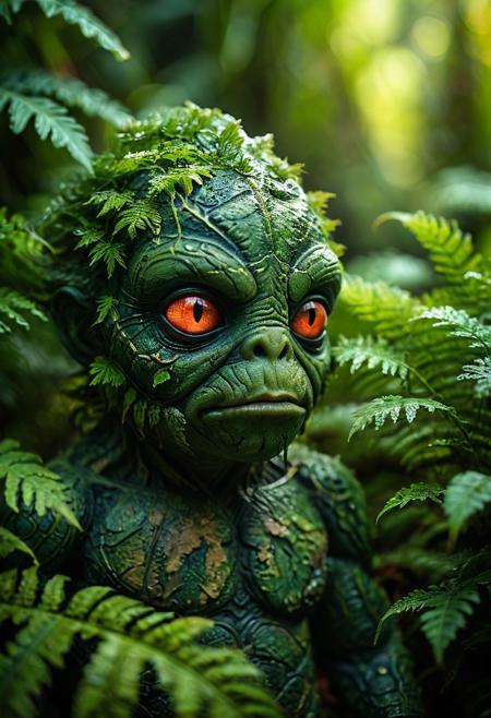 tiny swamp thing, scaly, adorable, hiding under fern, glowing eyes, curious but distressed, touching, sweet and elegant, lonesome, dramatic lighting, DoF background, imaginative design, otherworldly environment, vibrant hues, bokeh, calming tones, high resolution, film grain