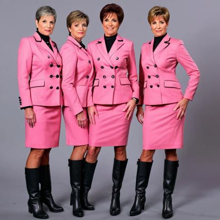 three 55-year-old businesswomen, extremely short hair, wearing pink double-breasted skirt suits with large buttons and black trim, wearing black knee-high boots