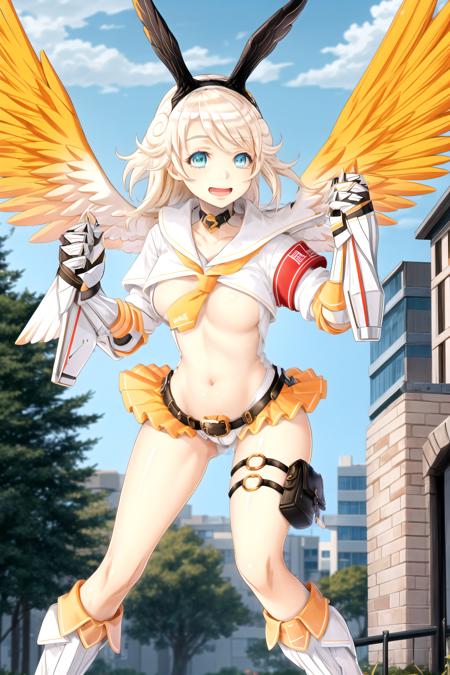 masterpiece, best quality, gabriel, gabrielprefect, orange microskirt, underboob, mecha gauntlets, belt pouch, winged boots, head wings, smile, open mouth , outdoors, sky, god rays <lora:GabrielV1:0.9>