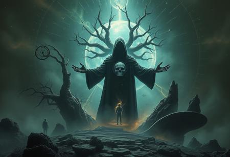 A universe inside a dark cloaked figure within mysterious landscape in an unfathomable realm of fantastic creation inhabited by ancient shadows of a forgotten time beyond the gate of the gateless gate where life is limitless, light is shadow and shadow is light, eerie sense, horror, spark of the beginning, existence and nonexistence at once, ethereal, outstretched arms, behold the end of the beginning, inglorious glory to the dark one, betrayal of the ancient order, beware the 7headed beast, destroyer of the old ways, bearer of the unbearable, nightmarish, archaic runes, tree aging backwards, breath of the gods, ruins of a place unimagined, extreme intricate detail, photorealistic, beyond epic scene, fate discarded, unseeable face of god, the end is the beginning, the beginning is the end, man arises as god dies, as above so below, as below so above, emerald tablet, thoth, guardian and saboteur of existence, hopeless hope, ghosts of the unborn, conception of the inconceivable, cosmic well of imperceptible perception, evil aura, infinite emptiness, pillars of void, overwhelming subtlety, abstract sacred geometry, beams of readiness without intention, gift of doom, despair of the ages, hidden secret warnings from dead gods, hand carved by the conductor of unholy loneliness with the sands of time incarnate, farewell her majesty