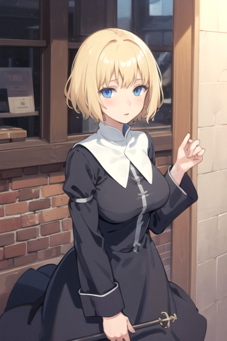 OrsolaAquinas, 1girl, solo, short hair, blue eyes, blonde hair, long sleeves, black dress, medium breasts, nun, habit