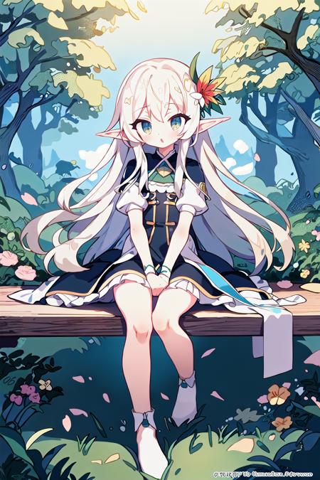 (masterpiece,best quality,illustration,official art:1.05),(tachi-e:1.12),full body,sitting,looking at viewer,solo,1girl,elf girl,long hair,green hair,[green|blue] eyes,dress,white hair flower,hair ornament,(age8),(child),wind,leaf,tree,forest
<lora:MushroomStyle_variant1:0.9>