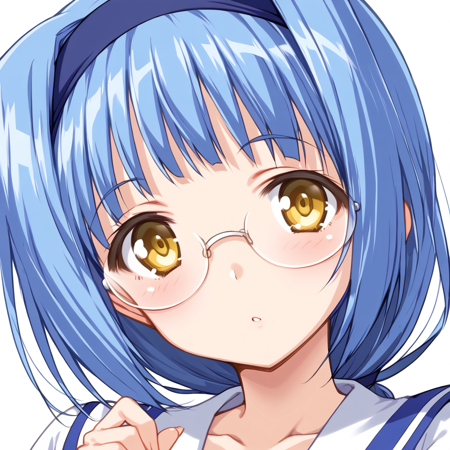 Kotori Mizuki, blue hair, yellow eyes, glasses, blue hair band, low tied long hair, 1girl, solo, 