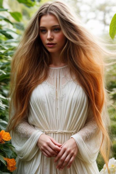 Create an closeup artwork of a person with long, flowing hair intertwined with an array of white and orange flowers, wearing a garment that harmonizes with the botanical surroundings. The overall atmosphere should evoke an ethereal and dreamlike essence.