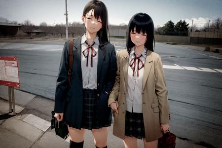 multiple girls, backpack, bag, 2girls, black hair, skirt, short hair, outdoors, long hair, shirt, socks, jacket, school uniform, white shirt, building, black jacket, standing, red ribbon, neck ribbon, closed eyes, long sleeves, sign, plaid skirt, coat, plaid, holding, fence, ribbon, pleated skirt, kneehighs, collared shirt, black skirt, bangs, looking at another, open clothes<lora:ruinx:1.1>