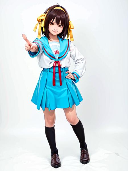 masterpiece, best quality, ultra-detailed, illustration,
kita high school uniform, suzumiya haruhi, solo, 1girl, kita high school uniform, school uniform, cosplay, skirt, serafuku, blue skirt, sailor collar, brown hair, socks, blue sailor collar, ribbon, full body, kneehighs, white background, winter uniform, long sleeves, black socks, simple background, hairband, brown eyes, shoes, red ribbon, medium hair, standing, pointing, hair ribbon, hand on hip, black footwear, yellow hairband, looking at viewer, bangs,
<lora:kitakouseifuku:0.8>