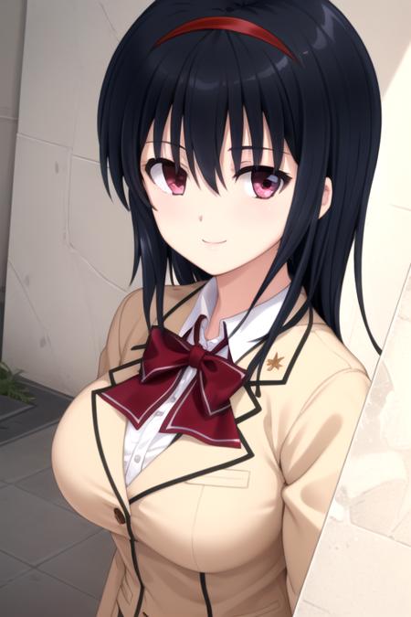 Mio-ysof long hair,black hair,floating hair,sidelocks,hair between eyes,bangs,purple eyes blazer,beige jacket,wing collar,red bowtie,white shirt,collared shirt,long sleeves,huge breasts,miniskirt,red skirt,pleated skirt,zettai ryouiki,black thighhighs,loafers