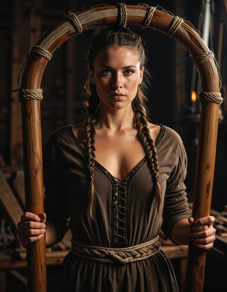 RAW full body image of a gorgeous 25 years old Gorgeous Viking Woman Brunette, braided hair, <lora:NordicByNature:0.8>,Shipbuilder of the Fjords, A determined Viking woman working on the wooden frame of a longship, her face smudged with ash as she shapes the mighty vessel.,low light, soft natural light, Rembrandt style light, Hasselblad DLSR camera, 200mm Zeiss lens, f/2.8 clear focus, high resolution image, (soft naural light), (rembrandt light), (soft shadows) ,Sexy pose, erotic pose, exhibitionism,