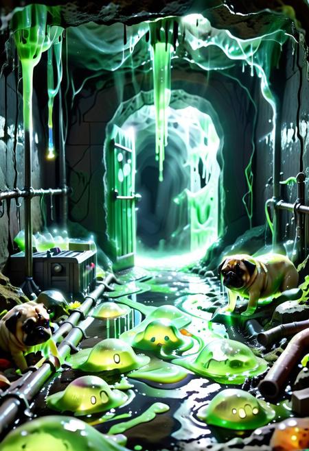 sl1m3d, dark sewer inside a cave, pipes, brick walls, door, iron bars, toxic sludge, green fumes, pug, slime, cave exit, darkness, hdr, bloom, dripping ceiling, grass, alien vegetation, cybernetic wall, lasers, sci-fi movie, horror movie, blurry horror creature in the background