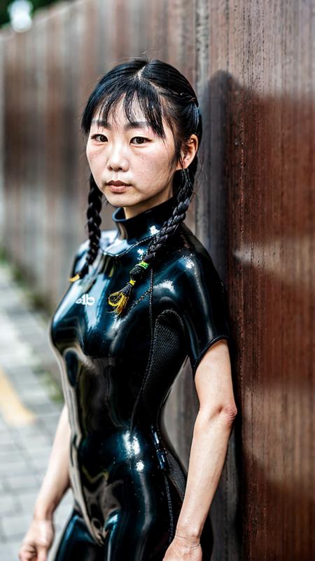 a 35 yo chinese woman, black wetsuit, black hair, plait, (eyes looking neutrally at the viewer:1.5), head turned right, headshot, high quality, detailed face, pale skin, whole head, standing at a wall, full body dressup, bare feet