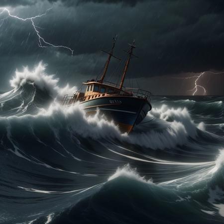 photorealistic boat on the big waves in the storm, lightnings, high detailed, 4k, masterpiece