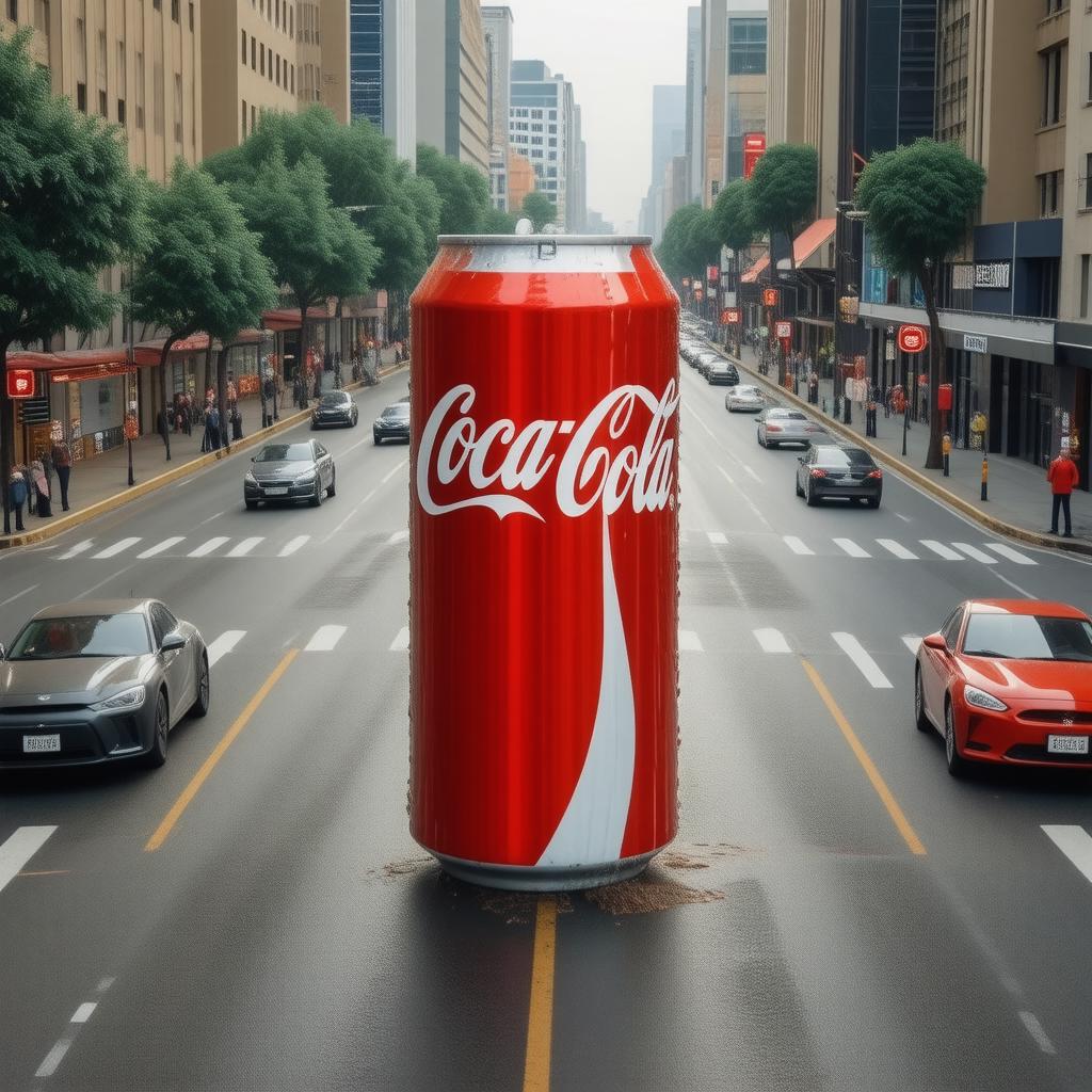 a gigantic can of coca-cola, placed in the middle of a busy intersection