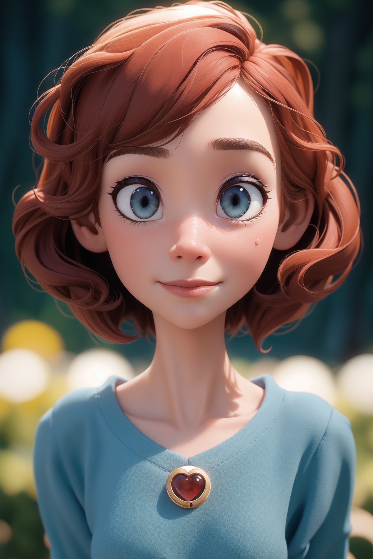 Capture the essence of a 30-year-old woman through a portrait shot, shot with a 50mm f1.2 lens, in the beloved Pixar anima...
