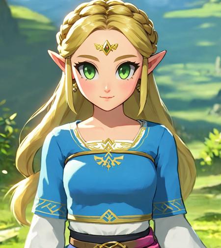 princess zelda, the legend of zelda: breath of the wild, 1girl, blonde hair, blue shirt, blush, braid, breasts, crown braid, feet out of frame, green eyes, hair ornament, hairclip, long hair, long sleeves, looking at viewer, medium breasts, pointy ears, shirt, solo, two-tone shirt, very long hair, white shirt, <lora:Dall-e_3_0.3-v2-000003>