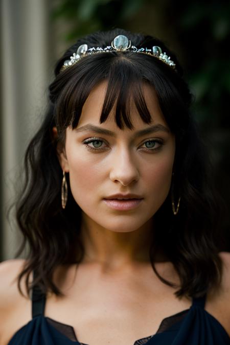 Realistic photo of a beautiful 0l1v14w-v1 woman, 1girl, solo, long hair, breasts, looking at viewer, blue eyes, black hair, dress, cleavage, jewelry, nail polish, bracelet, lips, ring, tiara, black nails, curly hair, realistic, soft lighting, professional Photography, Photorealistic, detailed, RAW, analog, sharp focus, 8k, HD, DSLR, high quality, Fujifilm XT3, film grain, award winning, masterpiece<lora:0l1v14w-v1:1.0>