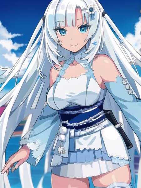 hiteCUL,sky hair,blue eyes,hair ornament,white dress,miniskirt,sleeveless,detached sleeves,obi,thigh strap,blue thighhighs,geta,