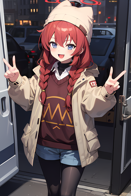 camp maki, twin braids, beanie, jacket, sweater, collared shirt, shorts, pantyhose, halo