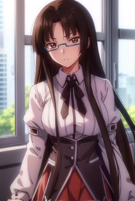 tsubakishinra, <lora:tsubaki shinra anime s2-lora-nochekaiser:1>,
tsubaki shinra, long hair, black hair, (brown eyes:1.5), glasses, semi-rimless eyewear, under-rim eyewear, (parted bangs:1.5), bangs, blunt bangs,
BREAK shirt, ribbon, school uniform, white shirt, black ribbon, neck ribbon, long sleeves, skirt, red skirt,
BREAK indoors, classroom,
BREAK looking at viewer, (cowboy shot:1.5),
BREAK <lyco:GoodHands-beta2:1>, (masterpiece:1.2), best quality, high resolution, unity 8k wallpaper, (illustration:0.8), (beautiful detailed eyes:1.6), extremely detailed face, perfect lighting, extremely detailed CG, (perfect hands, perfect anatomy),