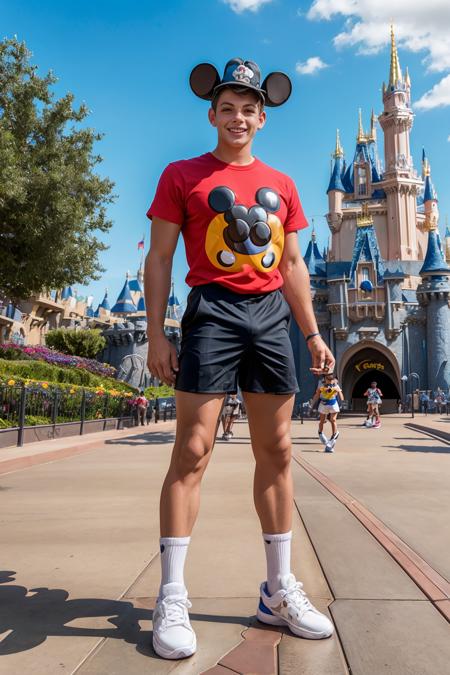 Disneyland, standing in front of the Disney castle, excited expression, JeroenMondrian, wearing California shirt, shorts, sneakers, (Mickey Mouse ears hat), masterpiece, ((full body portrait:1.5)), full body shot, wide angle, (GS-Masculine:1) <lora:JeroenMondrian-000008:0.75>