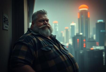 hazey cool cinematic atmosphere, 1990s furistic scifi film, movie still photograph in portrait orientation, bara manga style, set in a dark setting accented by rimlight. Hugo: A 55-year-old muscle-bear, standing tall at 185cm, is characterized by his stocky build and big belly. He has a grayish beard, short salt and pepper hair, a wide face with a double chin, hairy arms, and a unique wide crooked nose. A golden earring shines from his right ear. Clad in a cozy flannel shirt, his presence reflects that of an architect or a knowledgeable university professor. Pose: Hugo leans with back against wall, deeply engrossed while looking at viewer, flirting with viewer with a smirk, a blame! Megastructure-inspired metropolis.