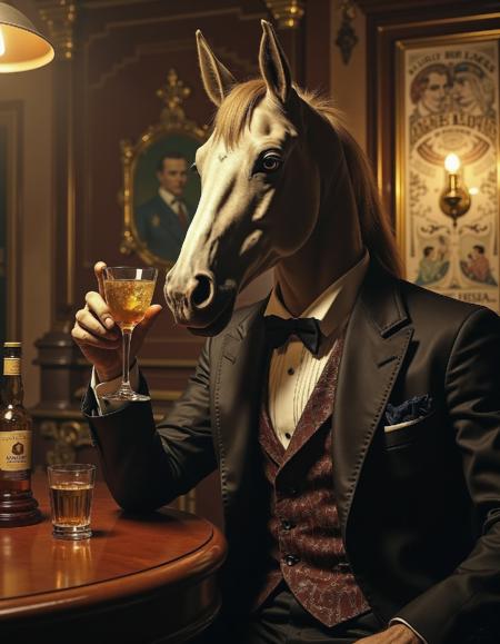 ZooPolis Art. Detailed photograph of a majestic horse elegantly attired as a refined gentleman sitting at a small, dimly lit bar; the artificial lighting creates soft shadows; he holds a glass and raises it in a toast; the background features classic elements like a wooden counter, vintage posters, and ornate decorations; his expression is confident and charming; the scene captures sophistication with humor; showcasing elegance through unexpected means. Soft lighting, elegant attire, sophisticated atmosphere, humorous twist, refined horse.