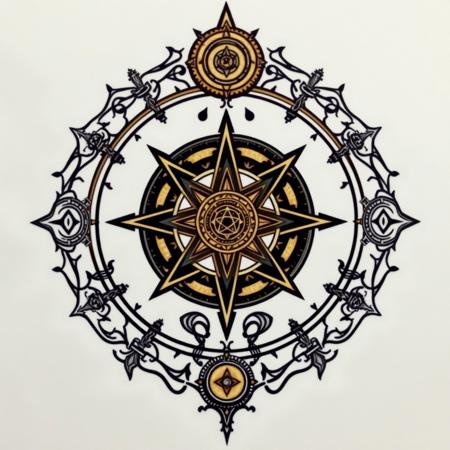 tattoo design, intricate occult symbolism, esoteric, golden dawn, thelema, chaos magick